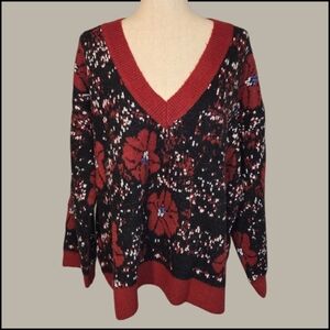 POL Jacquard Knit V-Neck Sweater – Red & Black Floral – Oversized – M